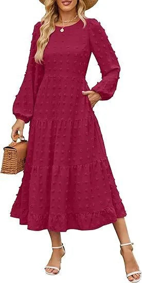 Women's long sleeve autumn dress with high waist and ruffle sleeves in solid colour