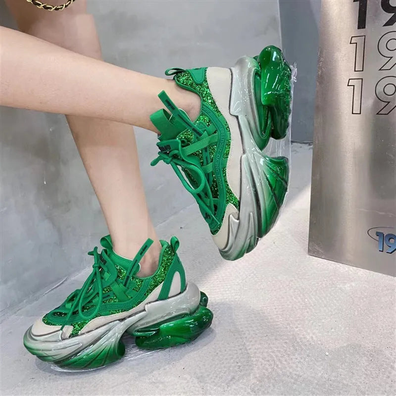 Women's leather jelly shoes with thick sole and cross-tie detail in green, blue, white, purple, or black.