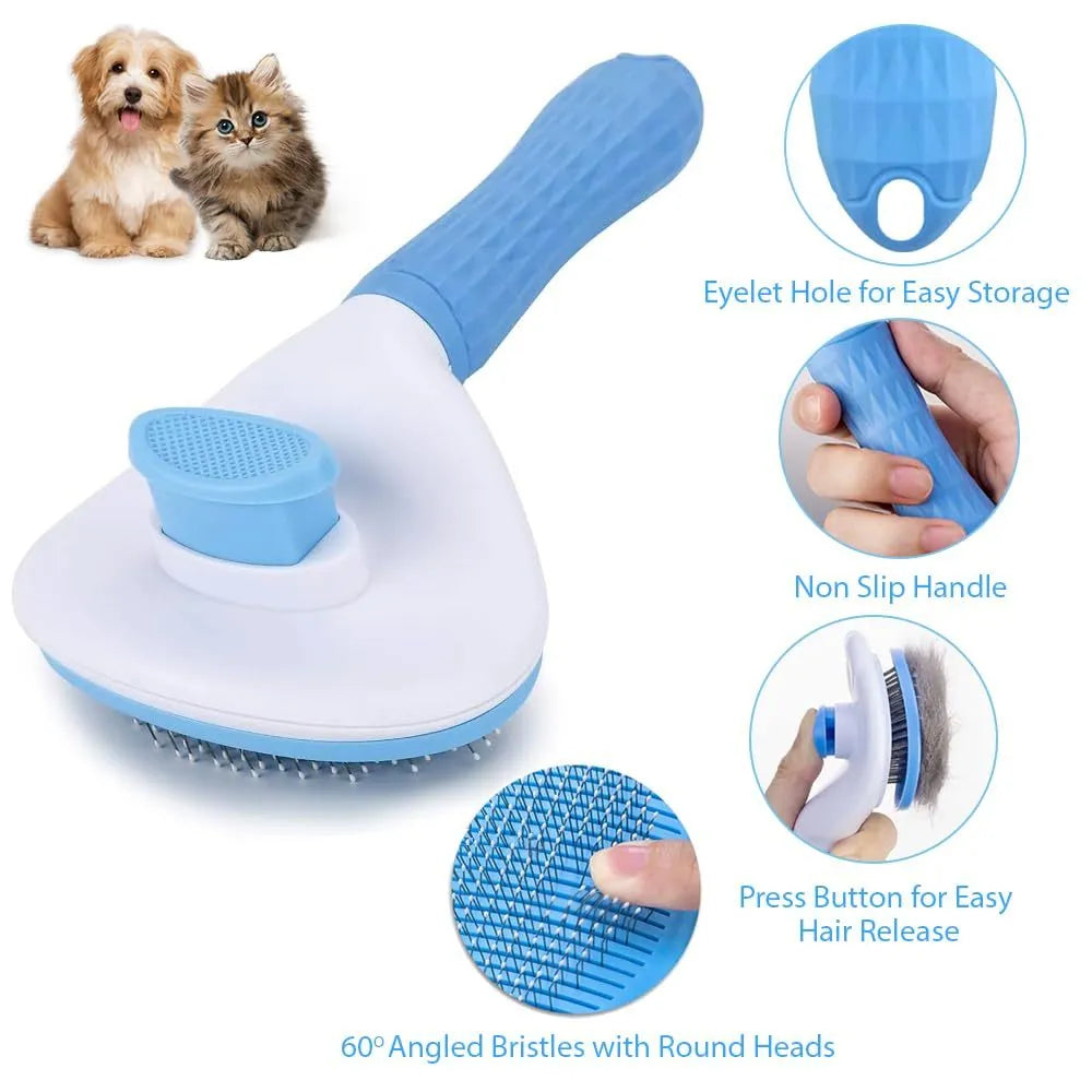 Blue cat grooming brush with release button for removing pet hair