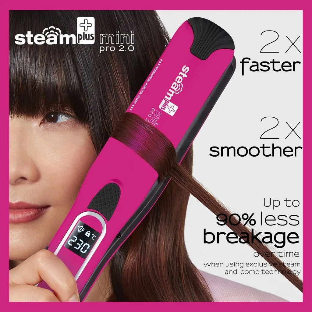 Mini hair straightener with steam spray function in rose red colour on a white background.
