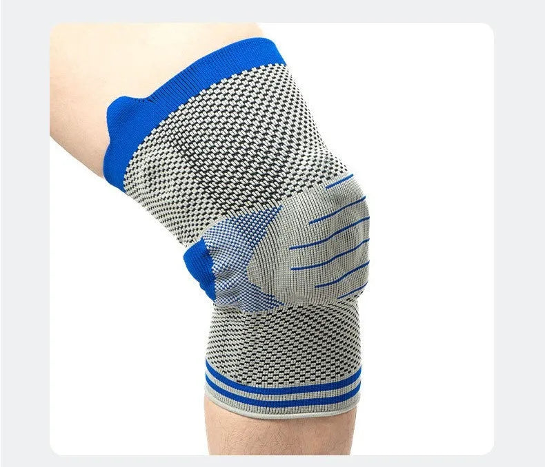 Silicone massage spring bar knee pad in black and blue cotton material for sports safety