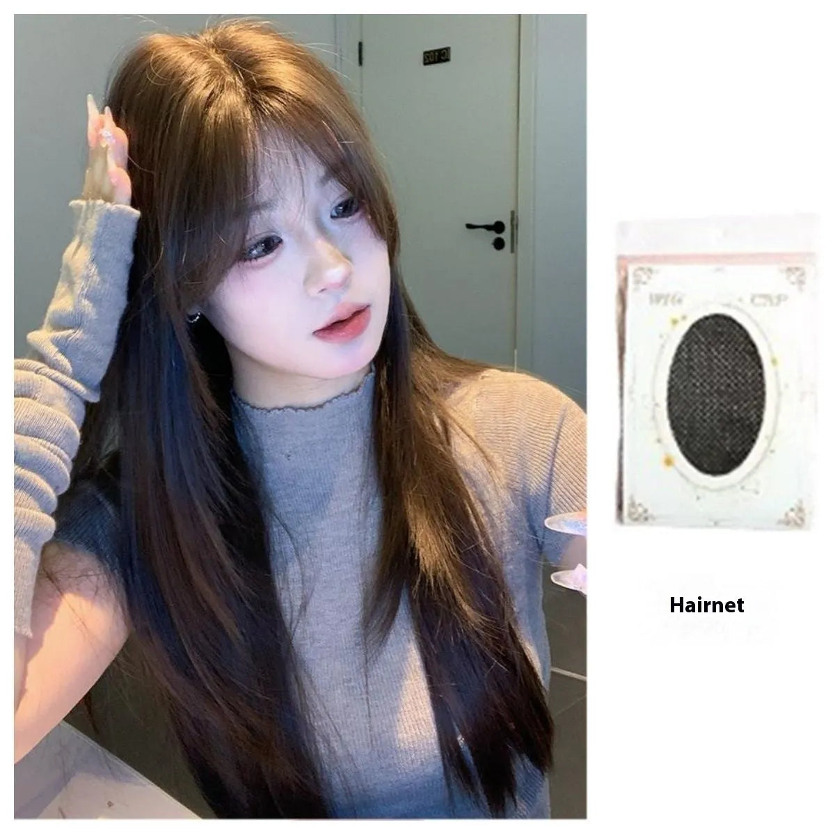 Full-head layered long straight hair wig in cold brown colour with natural styling
