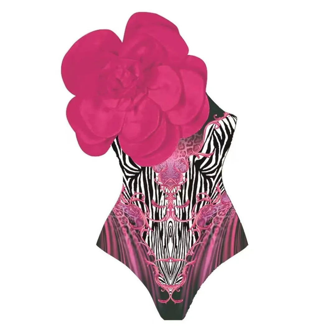 Women's floral one-piece swimsuit set with optional wrap skirt in polyester fabric