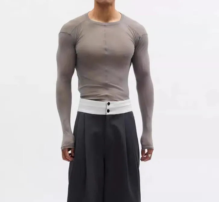 Black slim-fit mesh pullover with long sleeves and round neck
