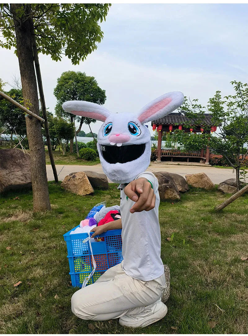 White plush rabbit head decorative cover for electric motorcycle helmet