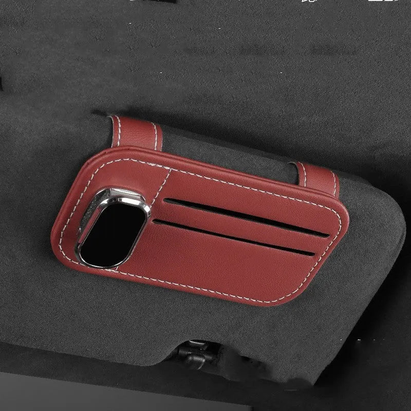 Car leather sunglasses holder with card storage in snap-on dashboard installation