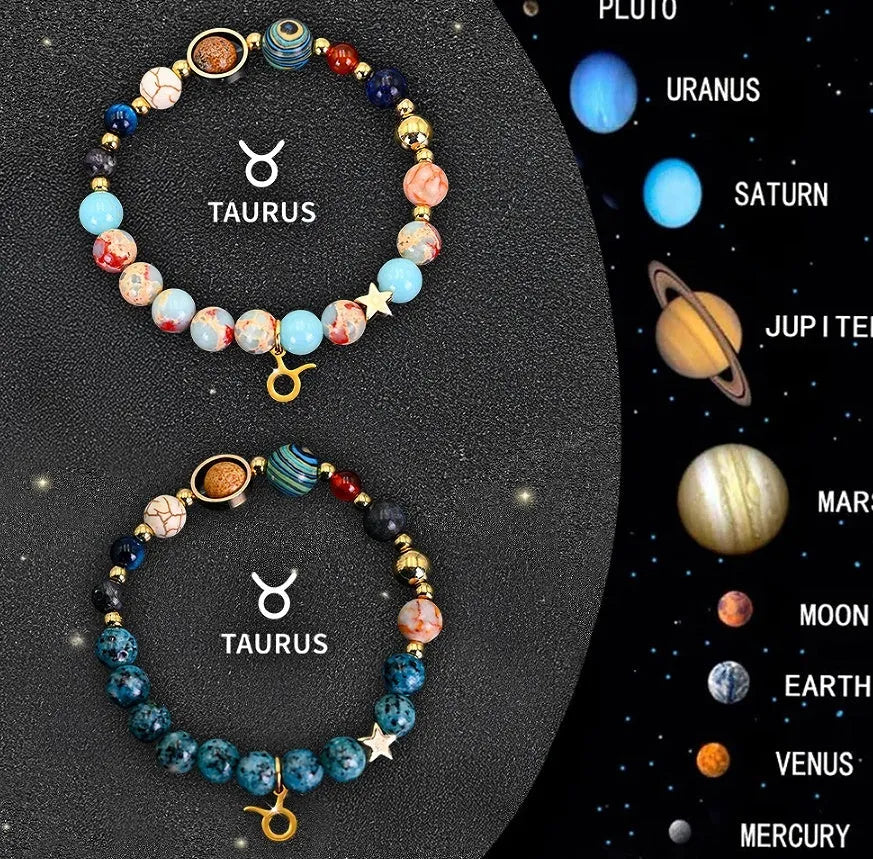 Natural stone bead bracelet set featuring all twelve zodiac signs with two bracelets per style