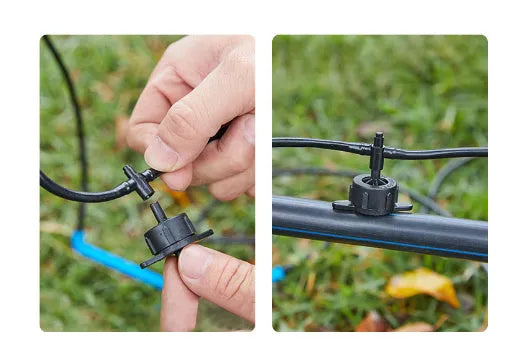 White PE plastic tee water distributor for micro spray irrigation systems.