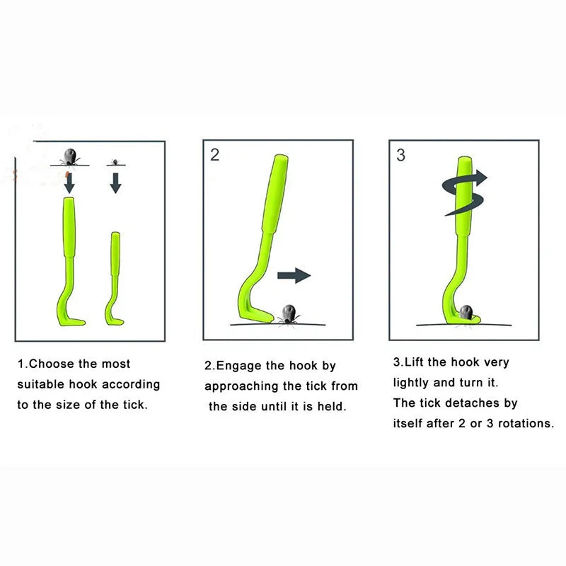 Set of three blue or green plastic pet tick and flea removal clips with hook design.