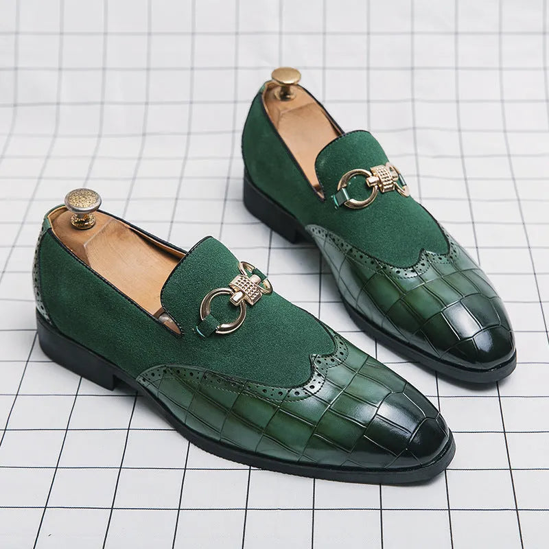 Korean style men's leather shoes with pointed toe and low-top design in black and green colour options