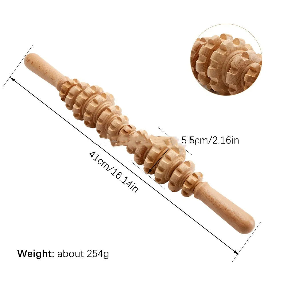Natural beech wood massage roller set with multiple wheel configurations including straight and curved designs