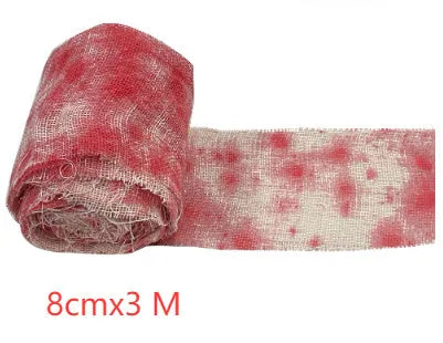 Halloween bloody red and white polyester gauze bandage rolls showing 8cm width, for decorations and costumes.
