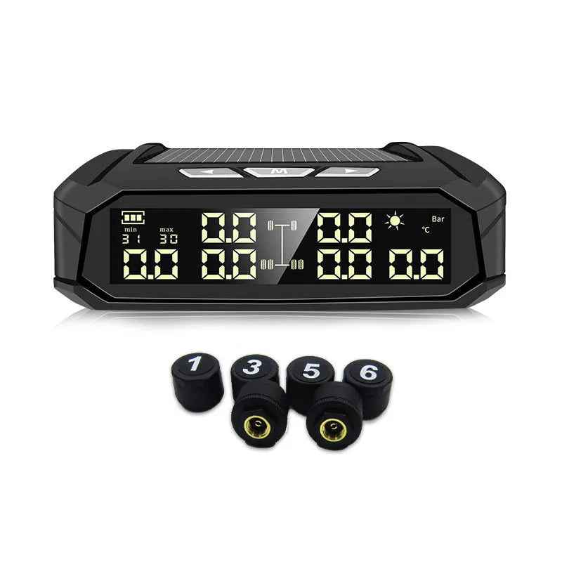 Solar external tire pressure monitor with colour LCD display for six-tire RVs and trucks