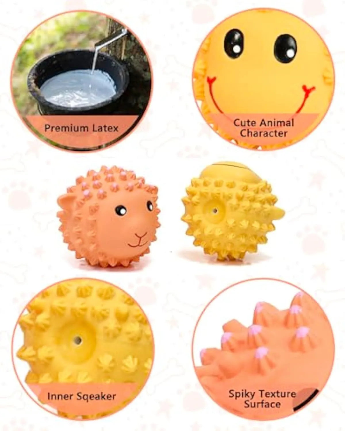 Orange and yellow latex dog toys with spiky texture and animal designs for small medium breeds
