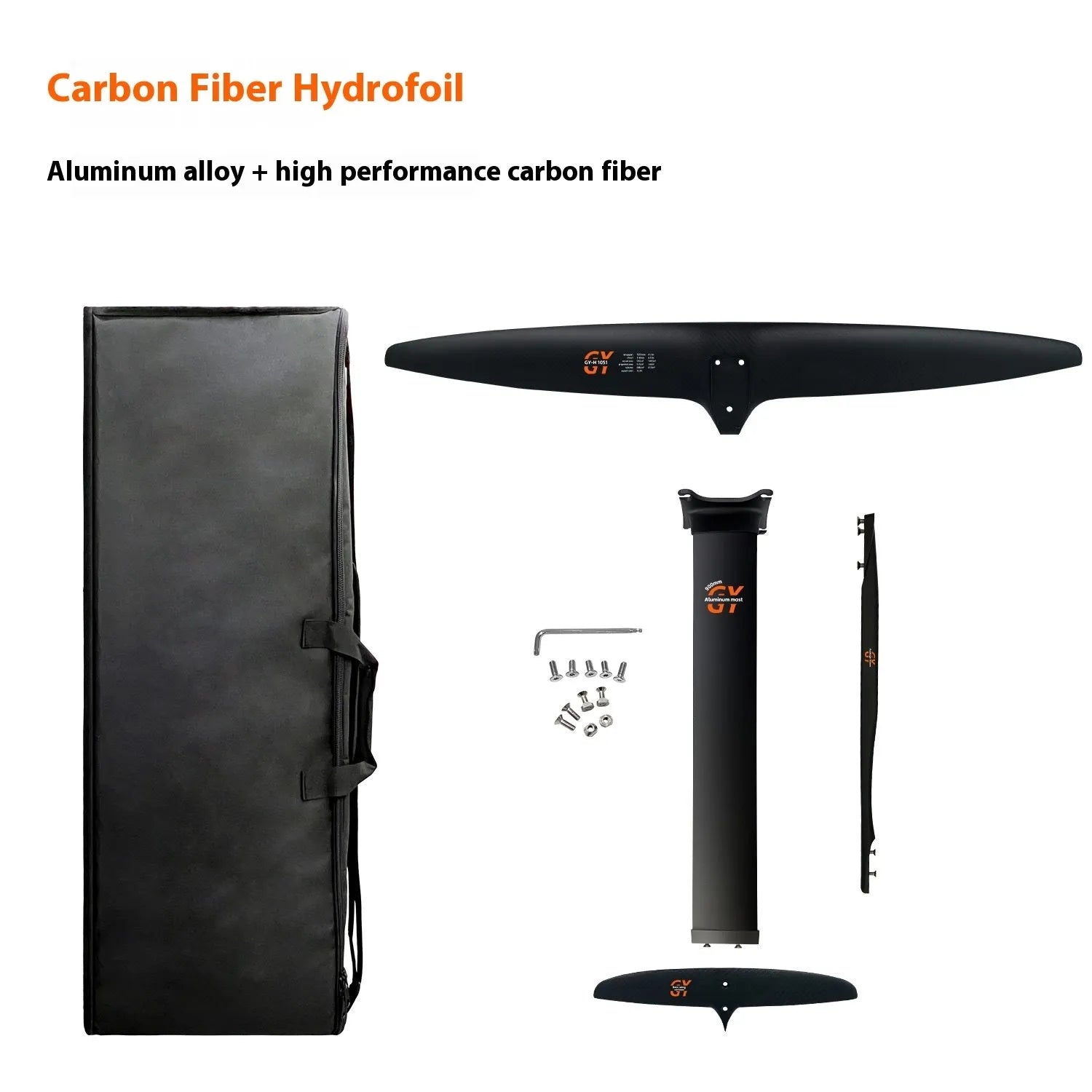 Black carbon fibre and aluminium hydrofoil surfboard with a wide front wing for wave riding.
