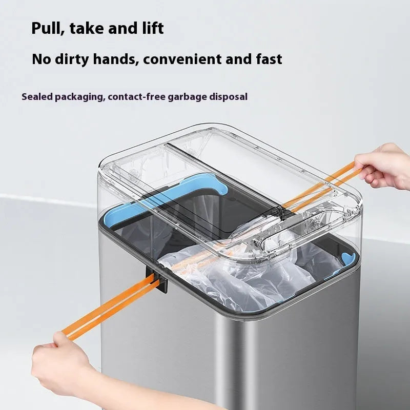 Stainless steel smart inductive trash can with square shape available in multiple sizes for kitchen and office