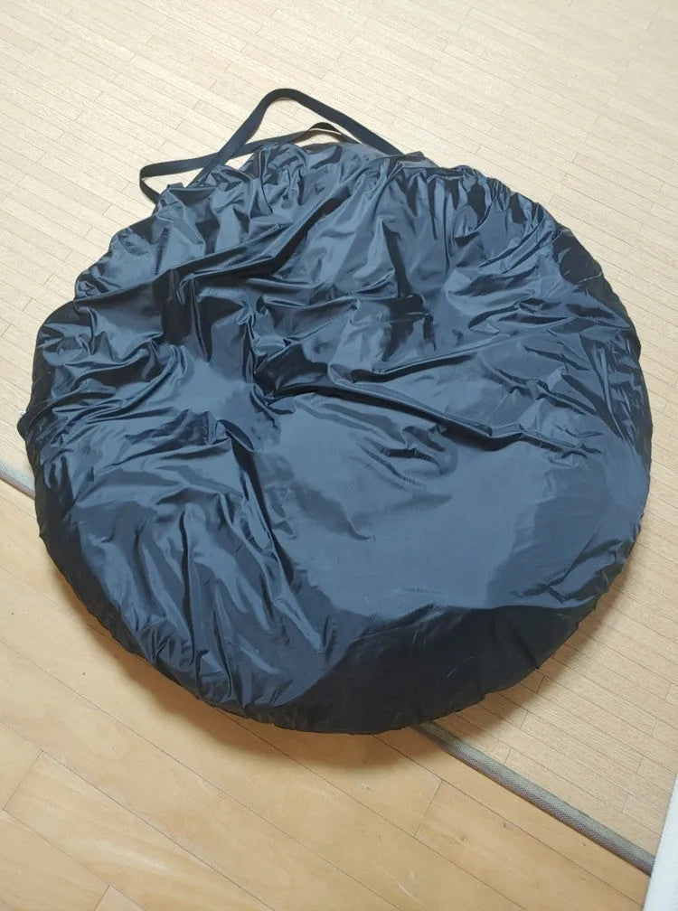Black pop-up car tailgate tent unfolded, showing quick-throw design and cubic 200cm dimensions.