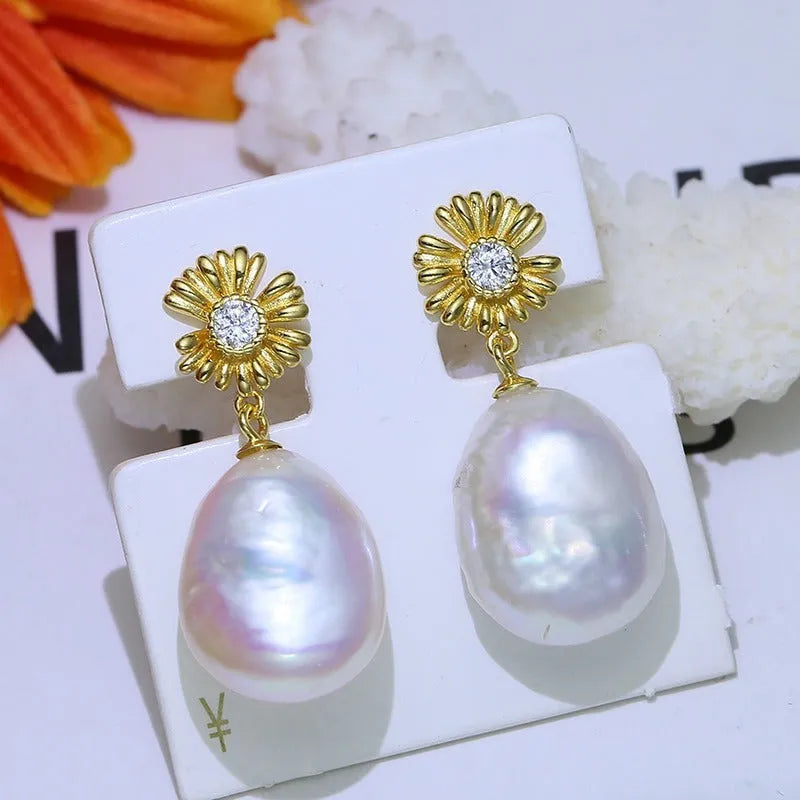 Baroque S925 sterling silver flower earrings with matching silver ring holder for jewellery storage