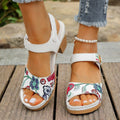 White women's high heel sandals showing the velcro buckle fastening on the strap.