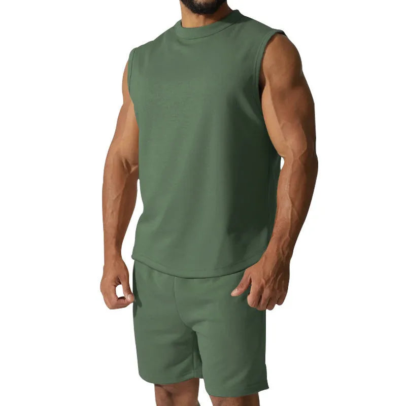 Men's sleeveless sports suit two-piece set in cotton blend fabric showing top and matching shorts