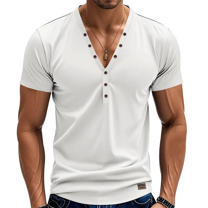Men's loose fit solid colour V-neck pullover top with button detailing on the front.