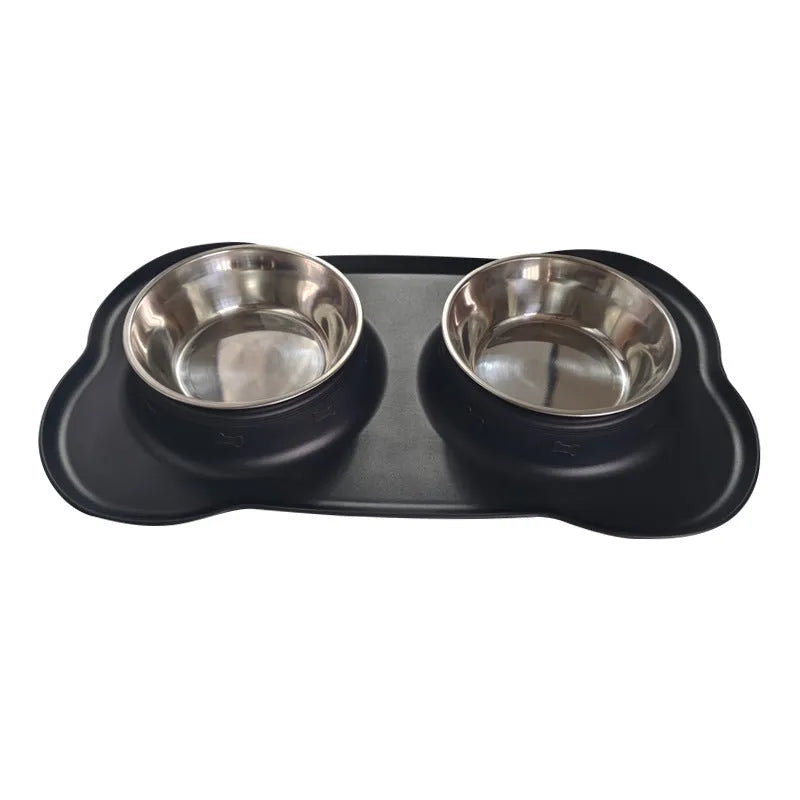 Large black silicone dog bowl seated inside a weighted stainless steel base