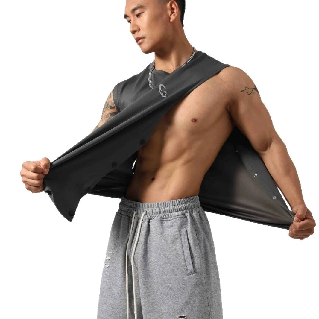 Korean style men's cotton fitness vest with hidden hook side openings in solid colours