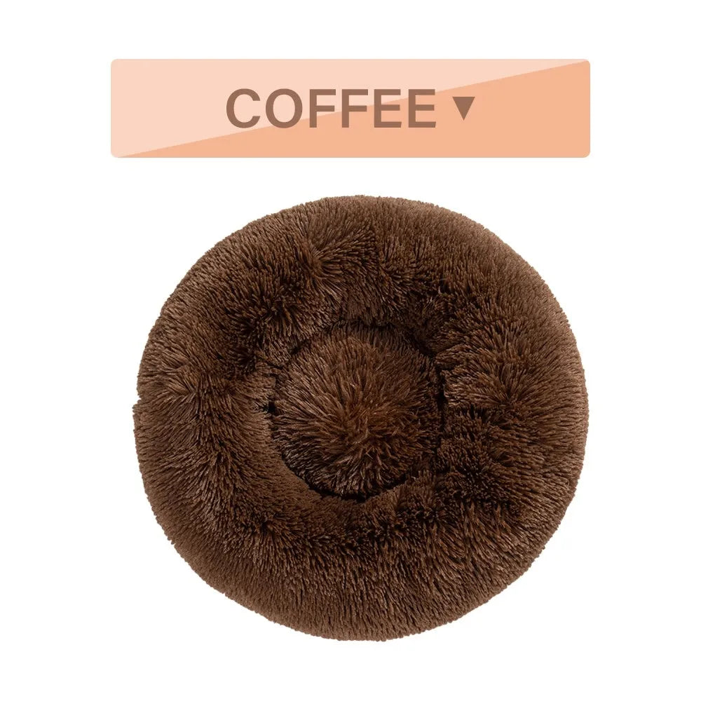 Donut-shaped long plush pet bed with raised sides, shown in a neutral colour.