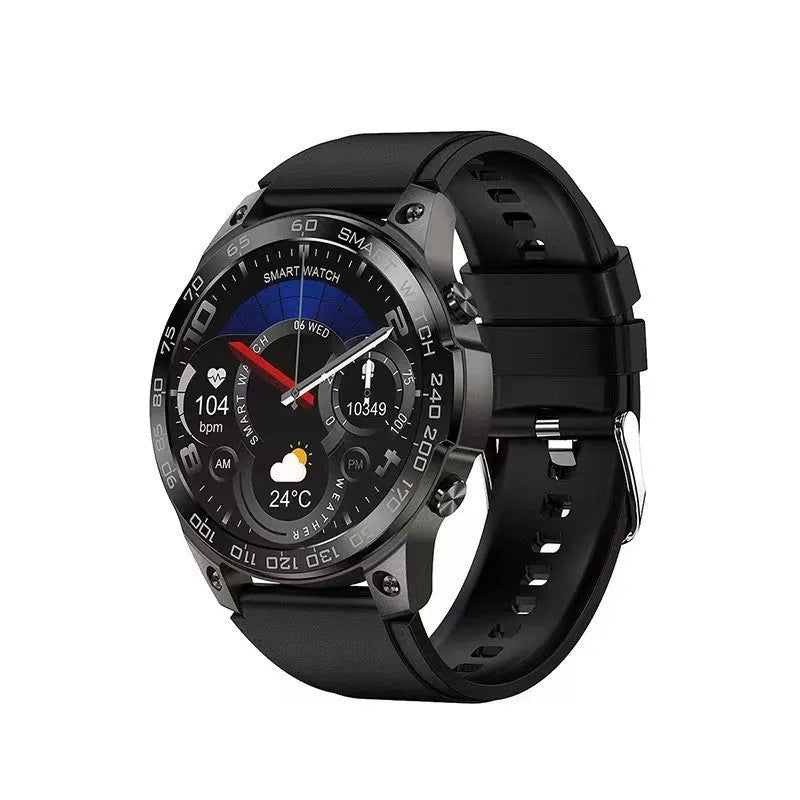 Round AMOLED sports watch with silicone strap showing Bluetooth call interface and fitness metrics on screen.