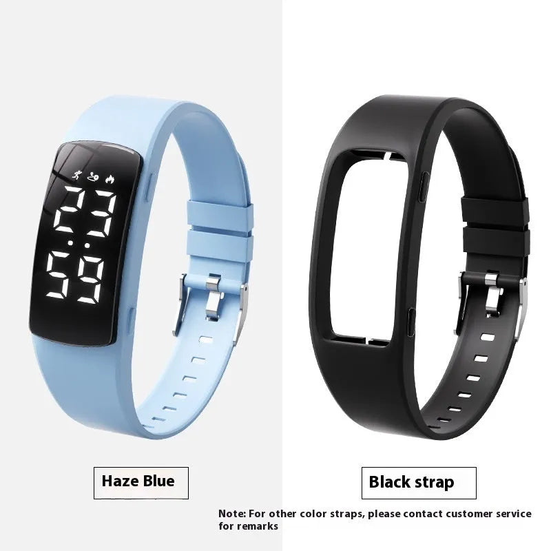 Black vibration alarm smart watch with LED display and silicone strap on a wrist.