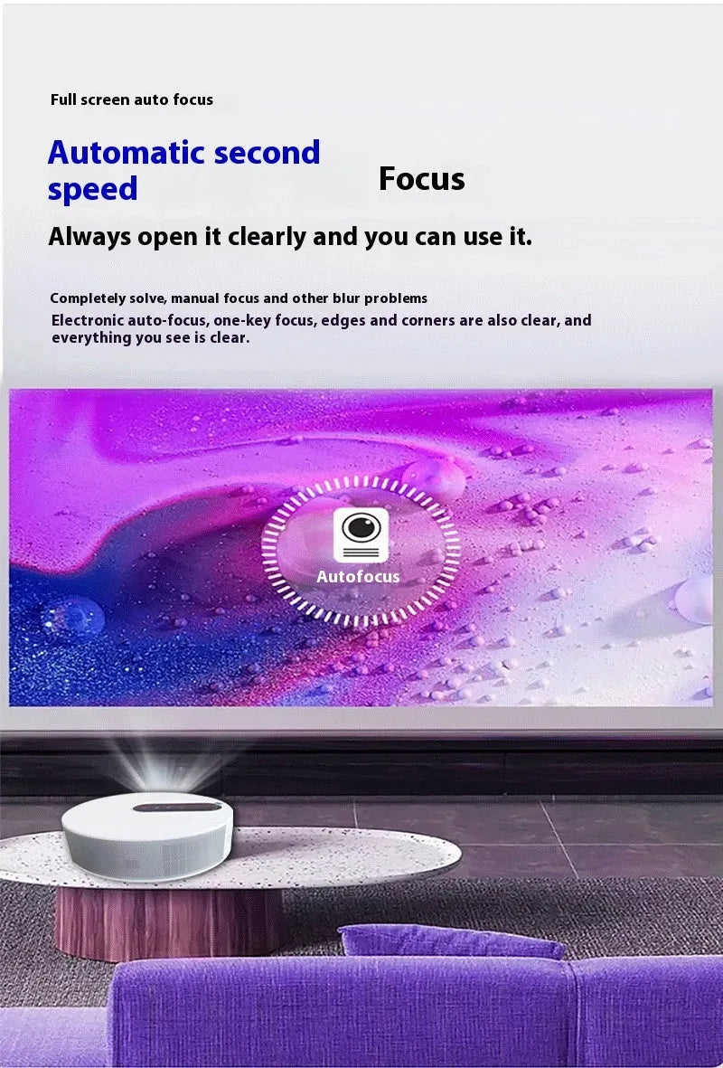 White 720p HD home theatre projector with remote control on a table.
