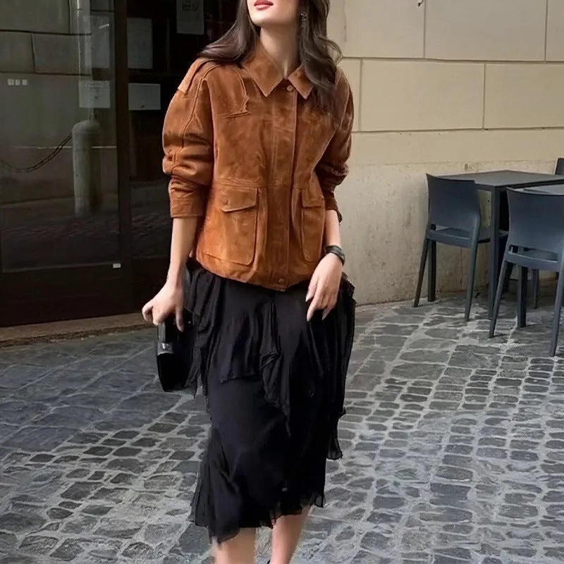 Women's bright brown polyester suede coat with regular sleeves, street chic design