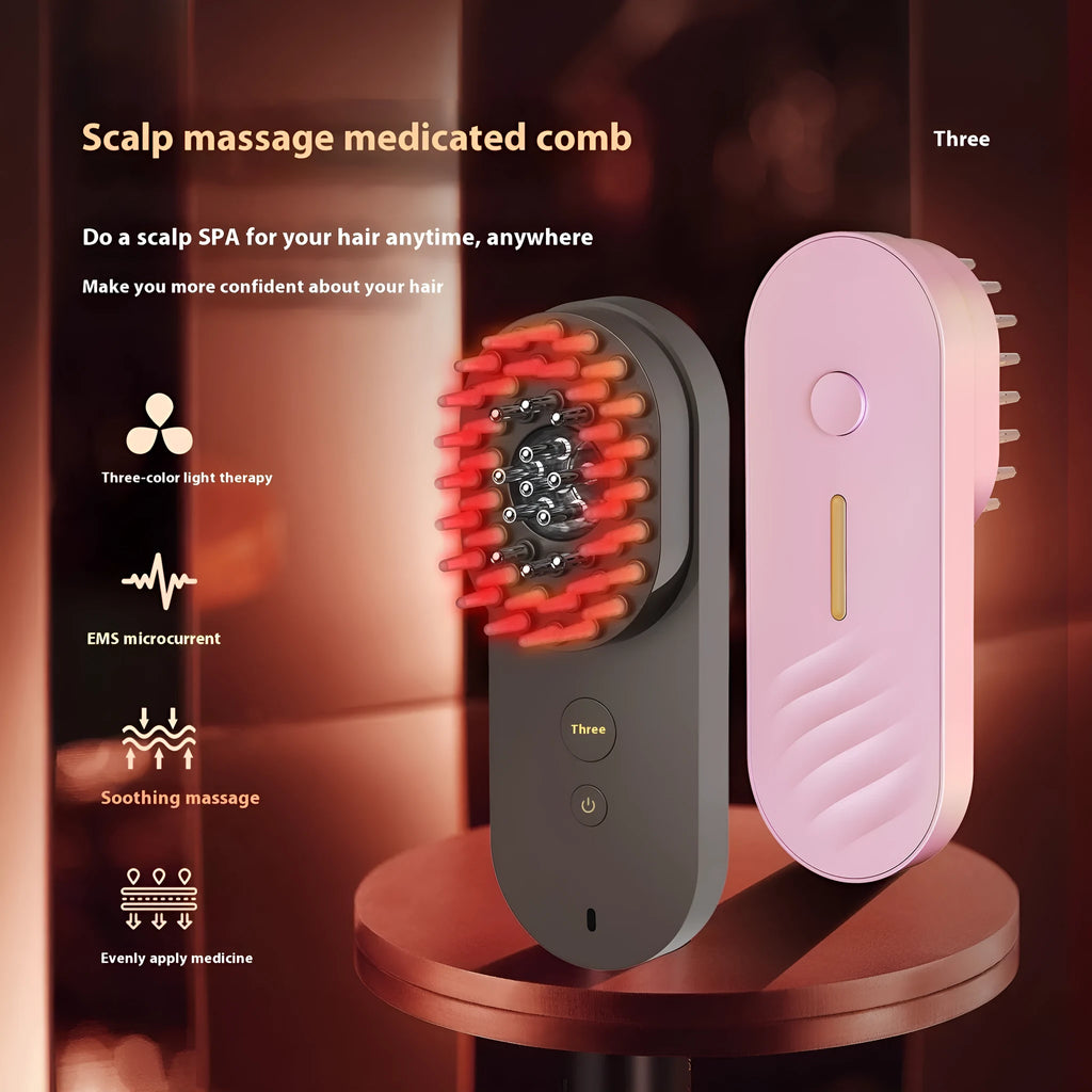 Smart massage comb with red light therapy for scalp treatment in pink and black colour options