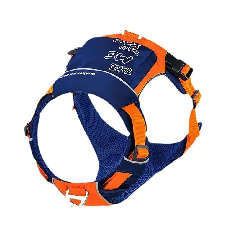 Adjustable dog chest strap vest with hand rope in orange blue colour, showing vest-style design