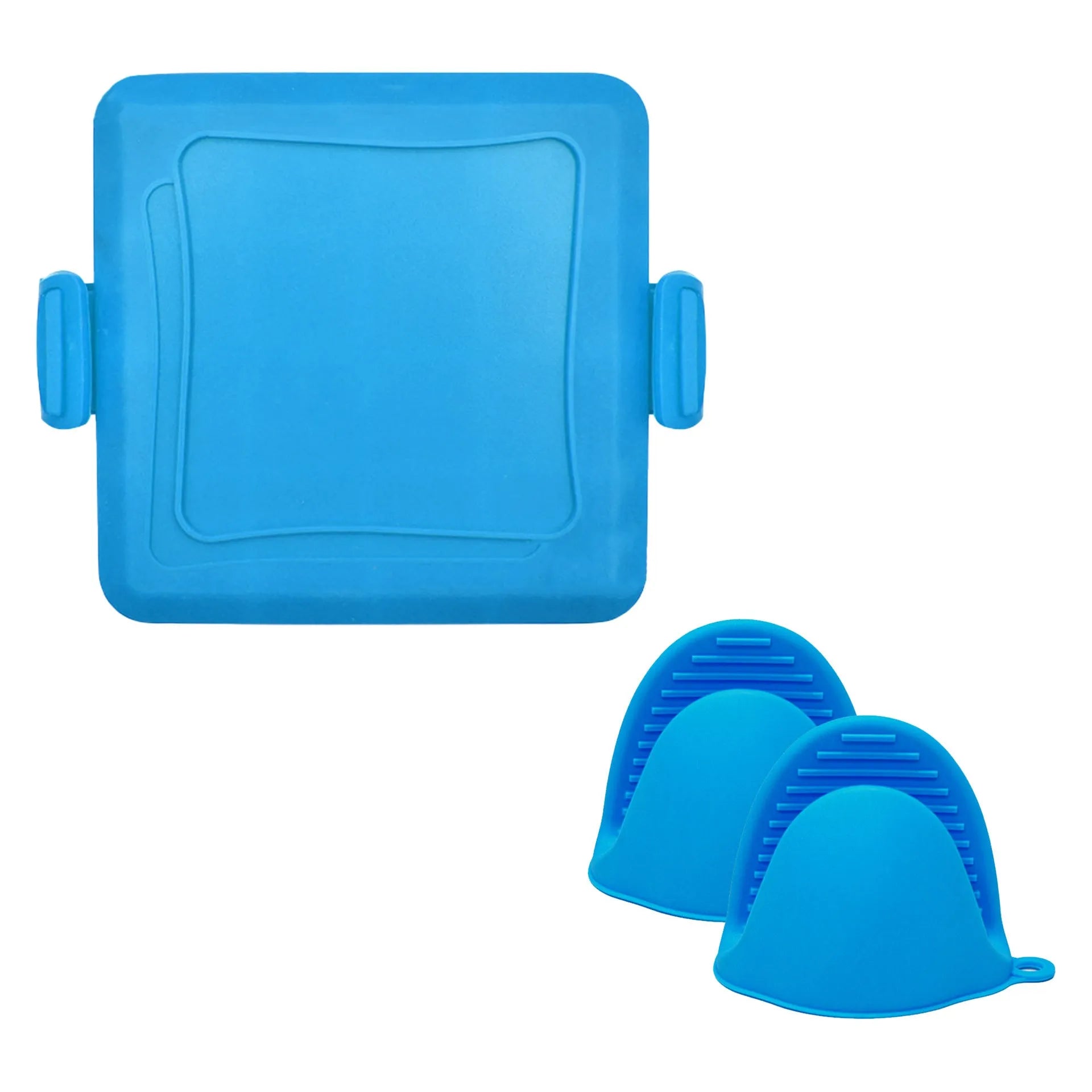 Red silicone baking tray with matching heat-resistant gloves on a kitchen counter.