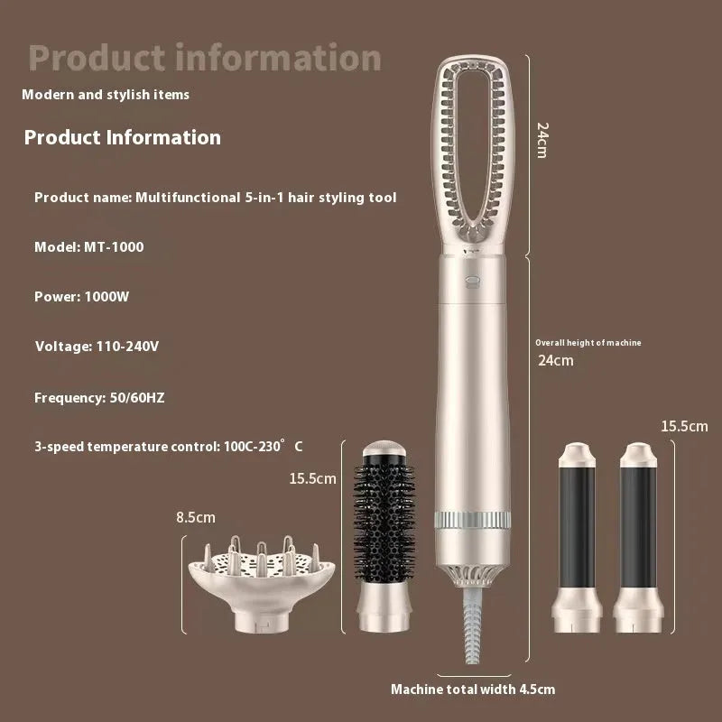 Champagne gold 5-in-1 hot air comb hair curler and straightener with 1000W power