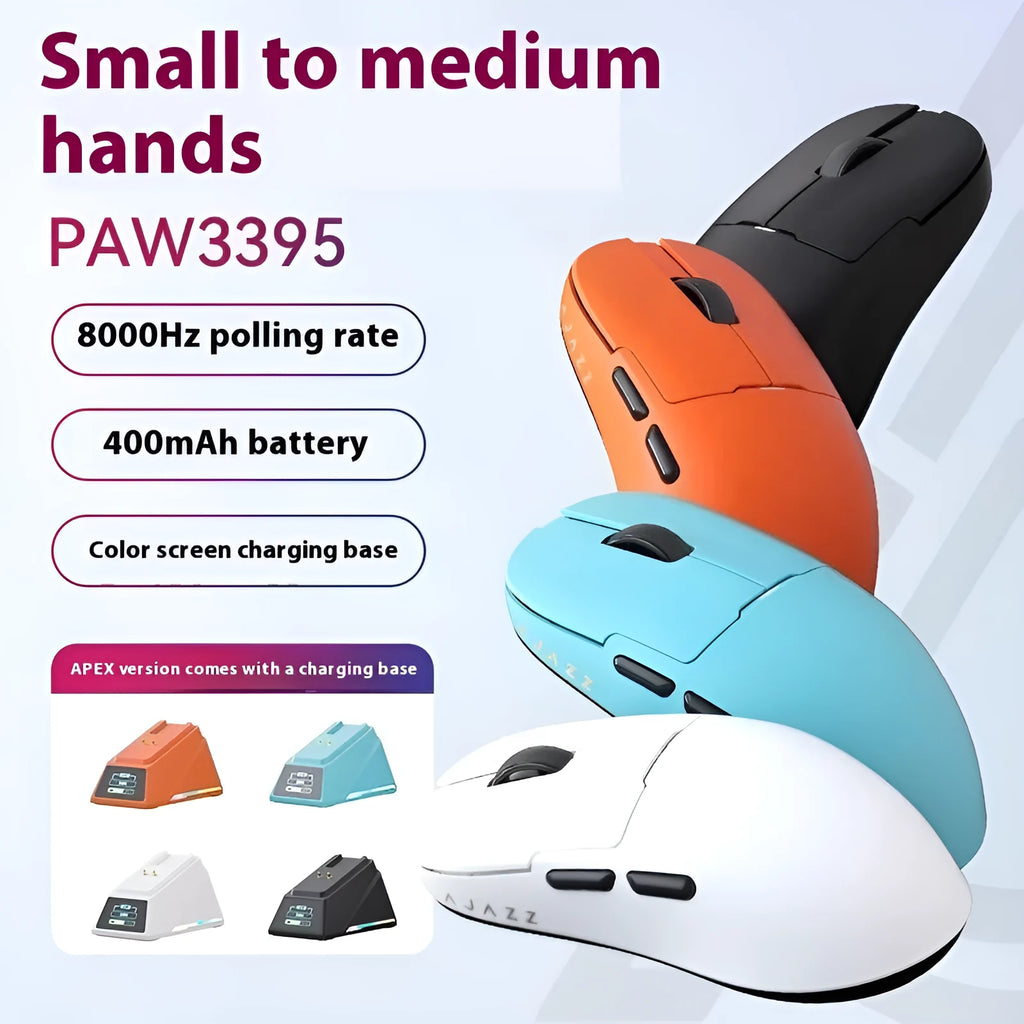 Wireless wired Bluetooth gaming mouse with PAW3395 sensor in multiple colour options