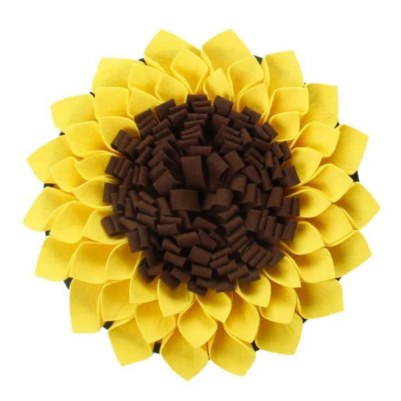 Yellow sunflower-shaped dog snuffle mat with fleece folds for hiding treats.