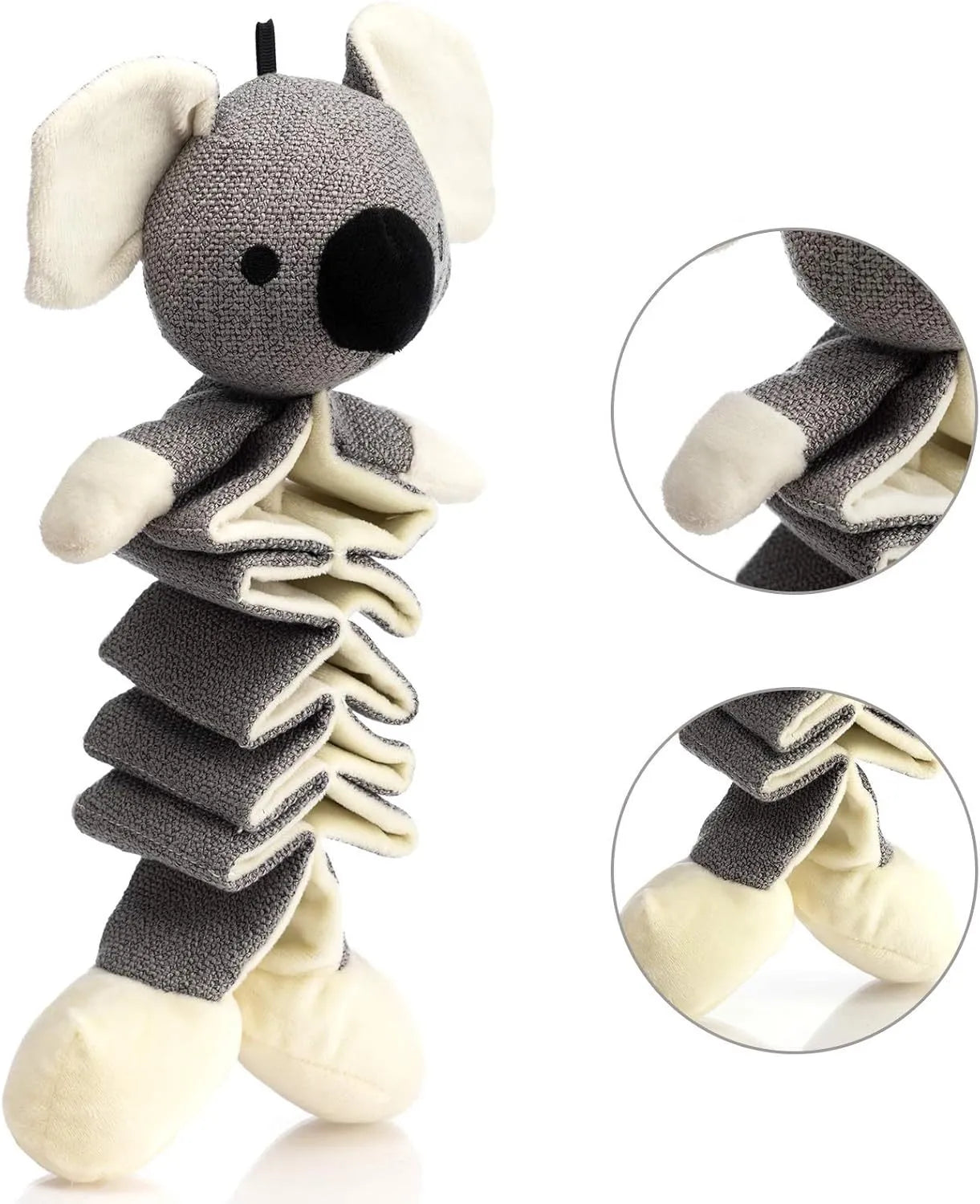 Grey koala plush dog toy measuring 30cm with rope reinforcement and crinkle paper inside.