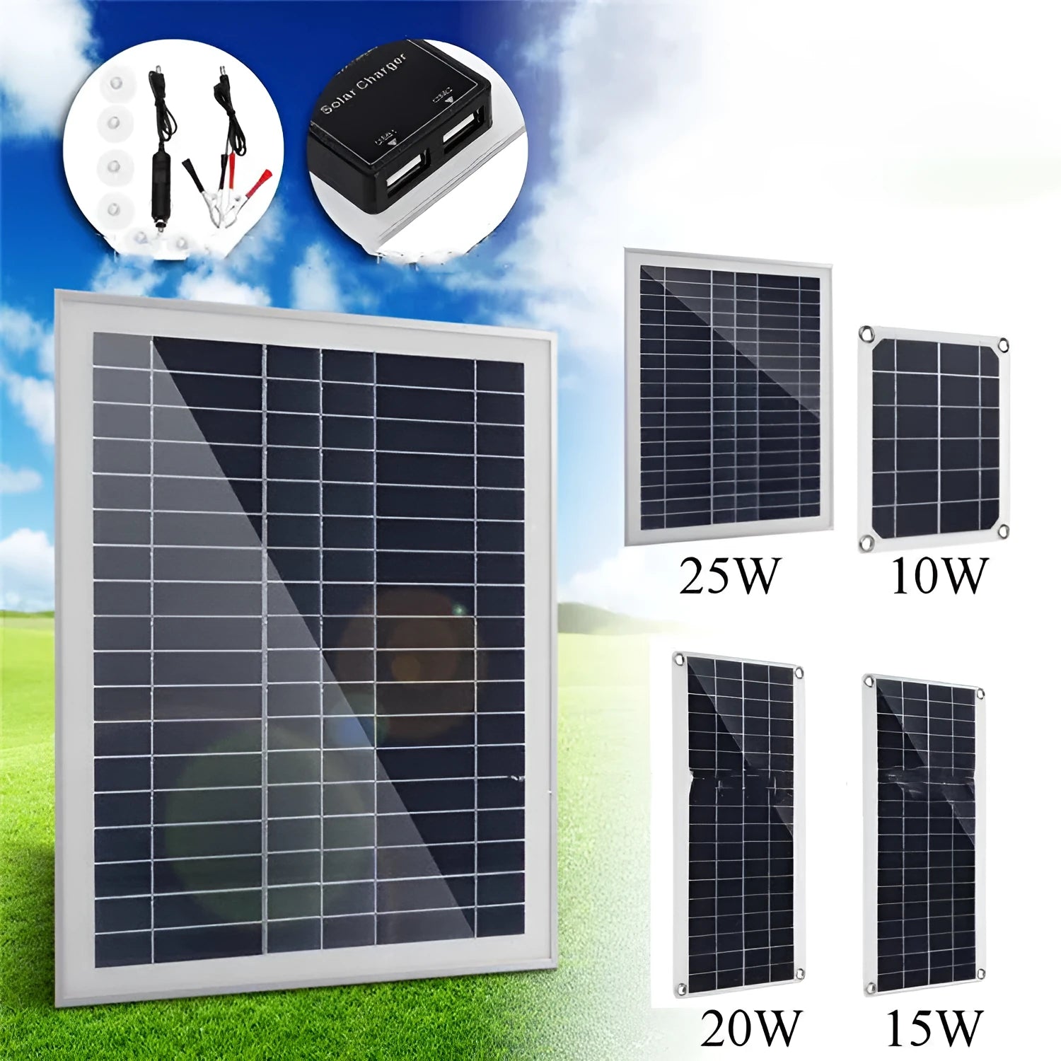 Portable solar panel with dual USB ports for outdoor mobile device charging