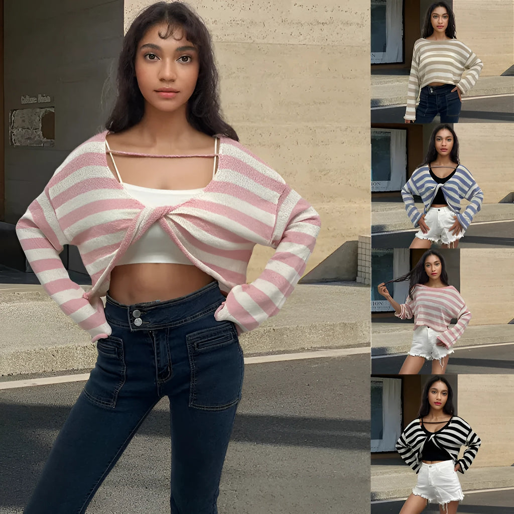 A woman's striped long-sleeve pullover sweater with a front and back wearable design in mercerised cotton.