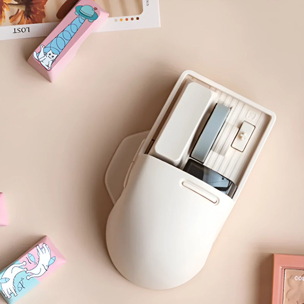 Tofu coloured wireless computer mouse with ergonomic right-handed design showing multiple buttons
