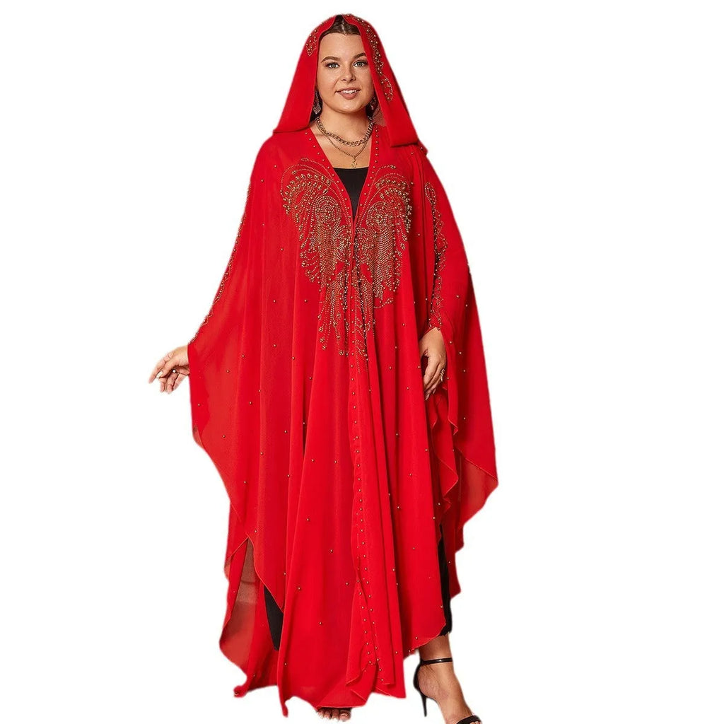 Muslim style high density chiffon cape shawl with rhinestone beading in purple, black, red, blue, yellow, and pink options