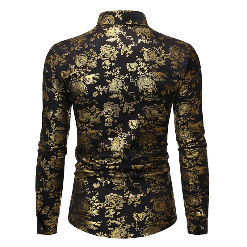 Men's metal bronzing printed lapel casual shirt in polyester fabric available in multiple colours
