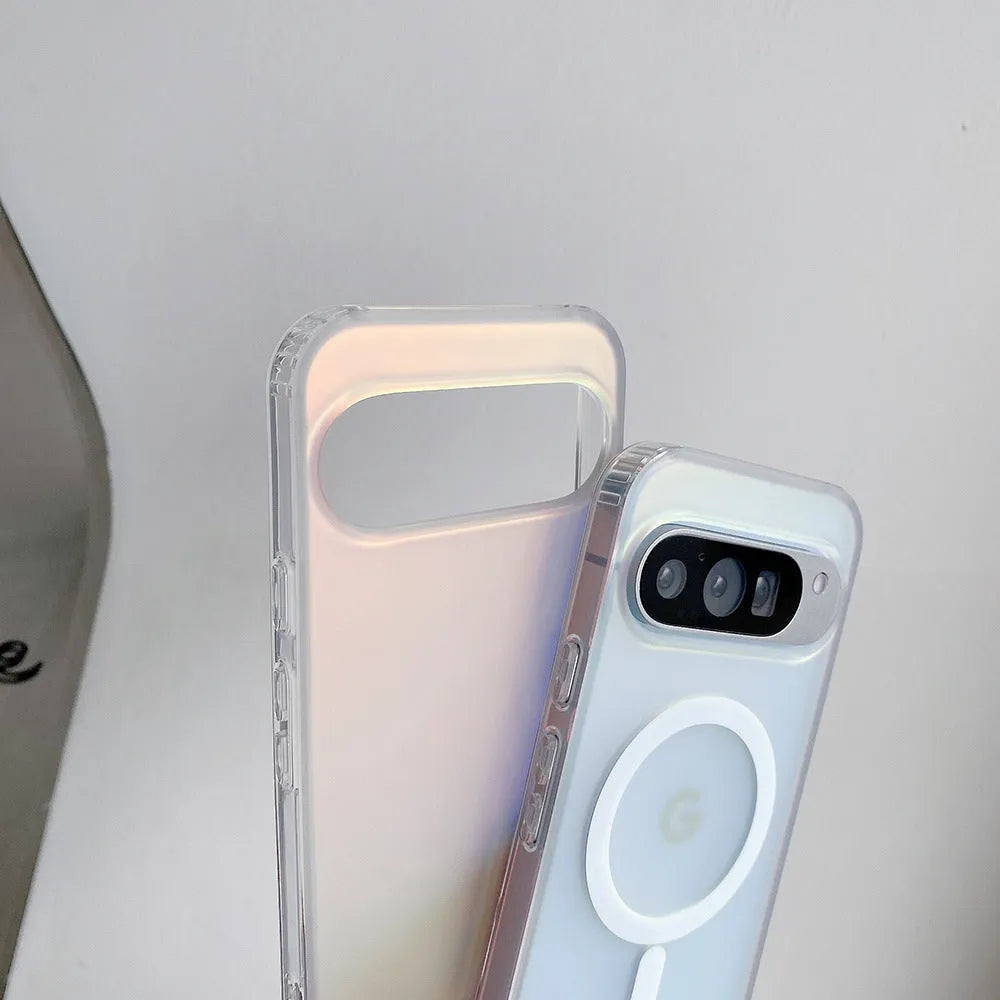 Colourful frosted laser matte phone case for Google smartphones on a table.