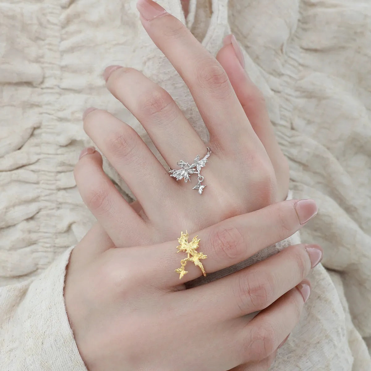 Silver butterfly ring with adjustable opening in white gold or 18K gold colour electroplated finish