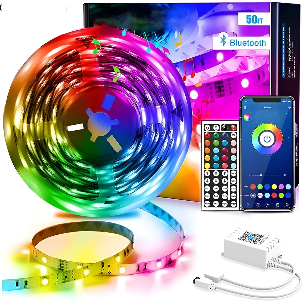 Bluetooth controlled RGB LED light strip kit with remote on a reel, showing waterproof silicone coating option.