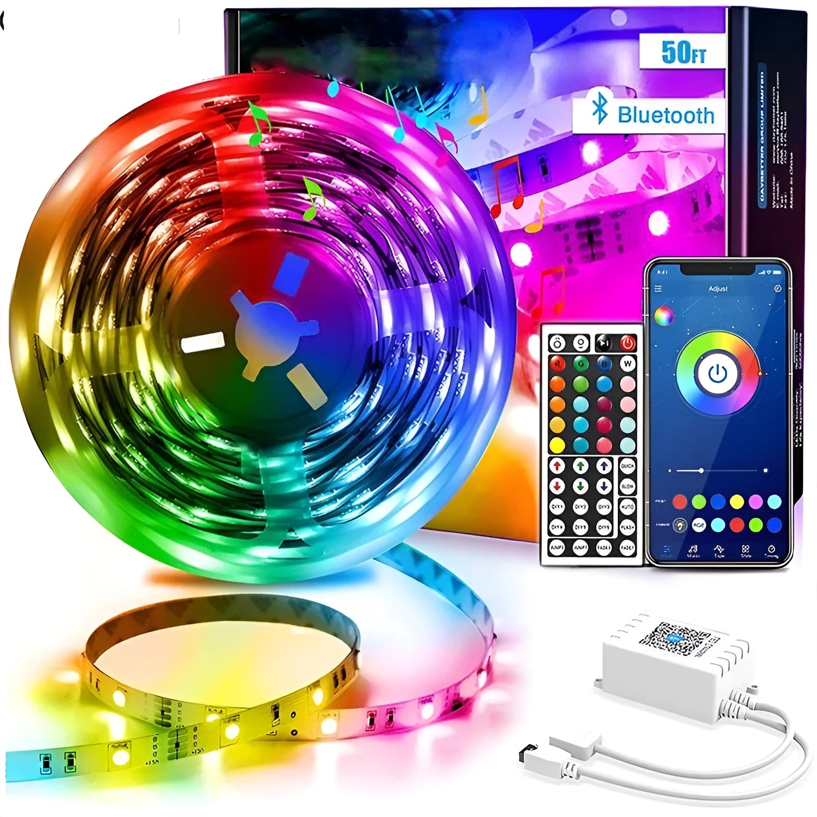 Bluetooth controlled RGB LED light strip kit with remote on a reel, showing waterproof silicone coating option.