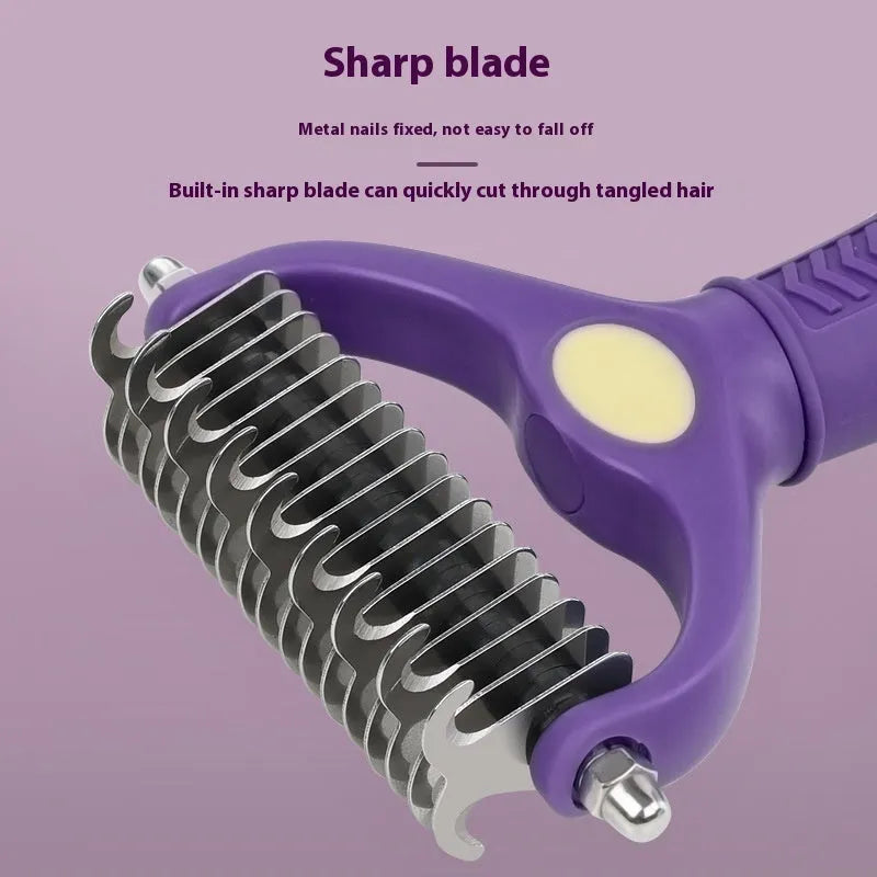 Purple double-sided plastic dog comb for removing knots and tangles from matted fur.