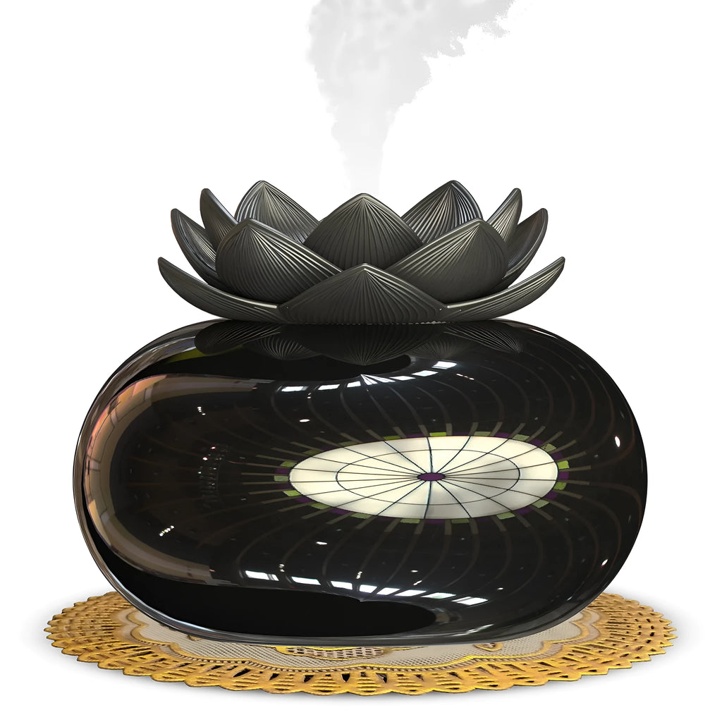 Pure black USB aromatherapy humidifier with ceramic lotus flower design on round base